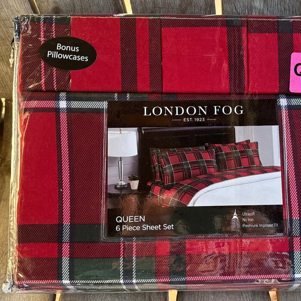 6-pc London Fog QUEEN Red Holiday Plaid Sheet Set Plaid (2 xtra pillowcases)